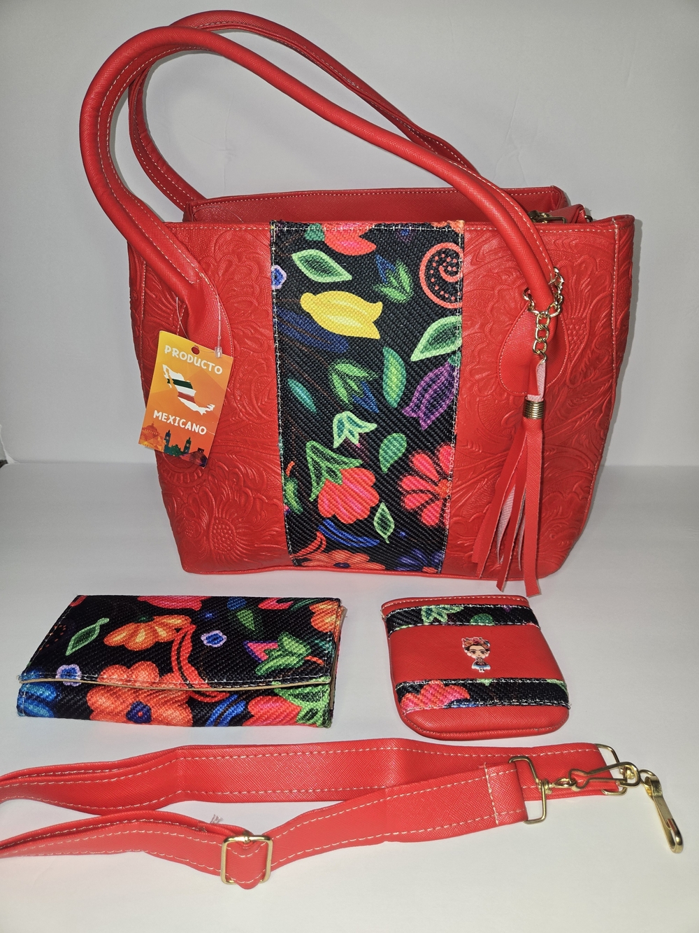 Red Floral Accent Tote Bag with Tassel - Women